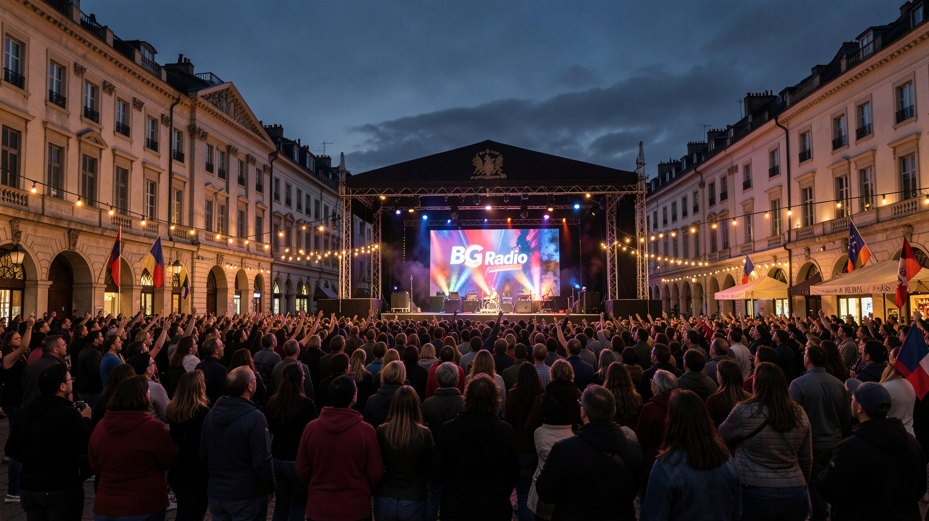 A lively outdoor concert at dusk in a European city square with a crowd and a screen reading BG Radio