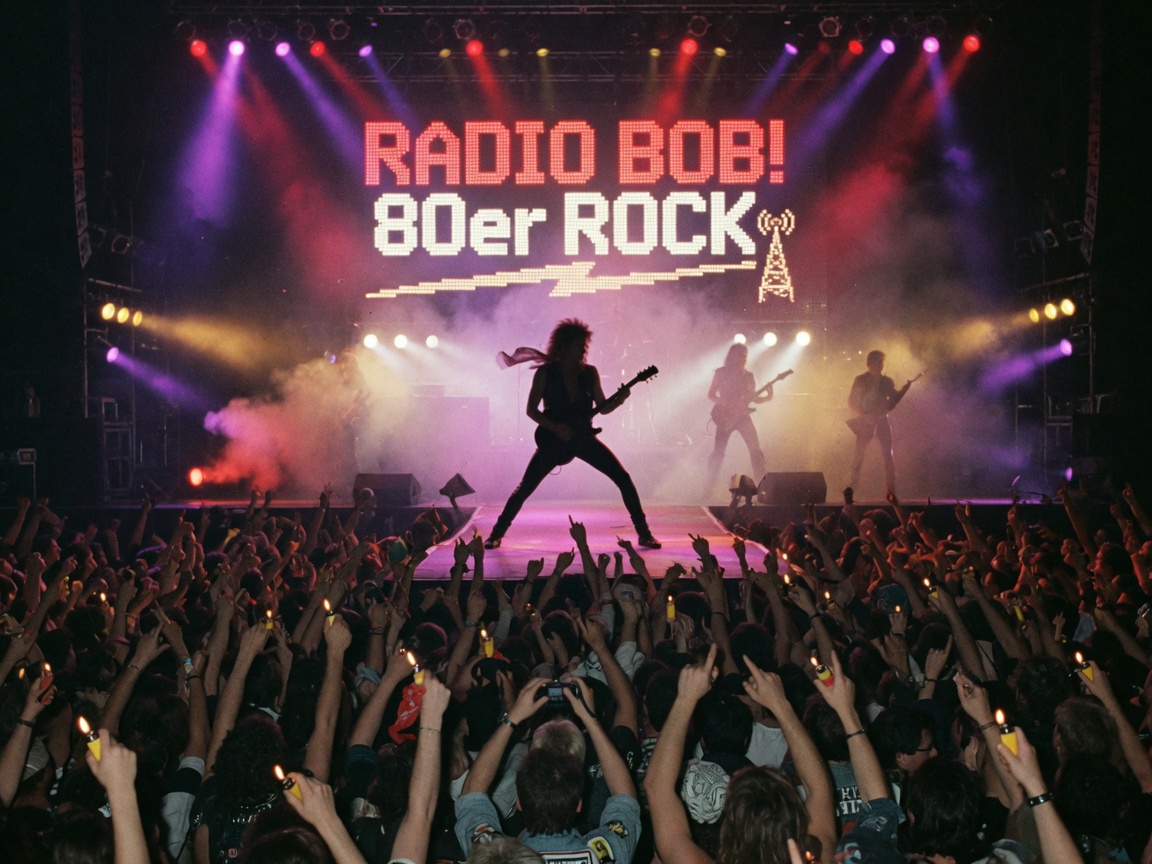 A packed 1980s arena rock concert crowd with a giant LED screen reading RADIO BOB 80er ROCK