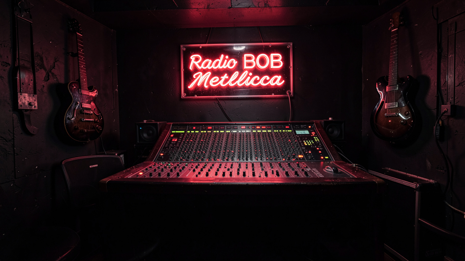 A dark moody rock radio studio with guitars on the wall and a neon sign reading Radio BOB Metallica