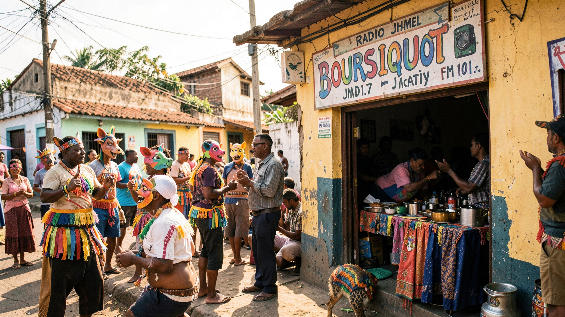 A vibrant Jacmel street scene during Carnival with artisans crafting papier-mache masks near a radio storefront
