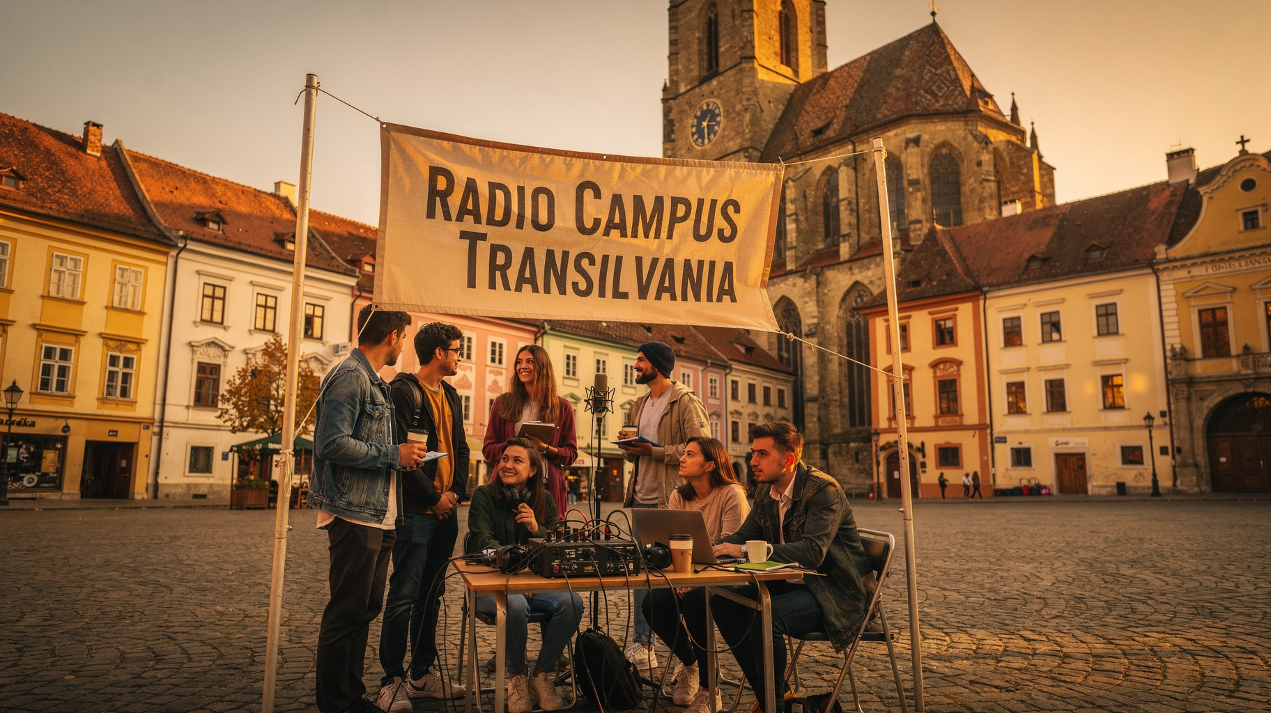 The medieval old town square of Brasov with a student radio booth and a banner reading Radio Campus Transilvania, inspired by Radio Campus Transilvania