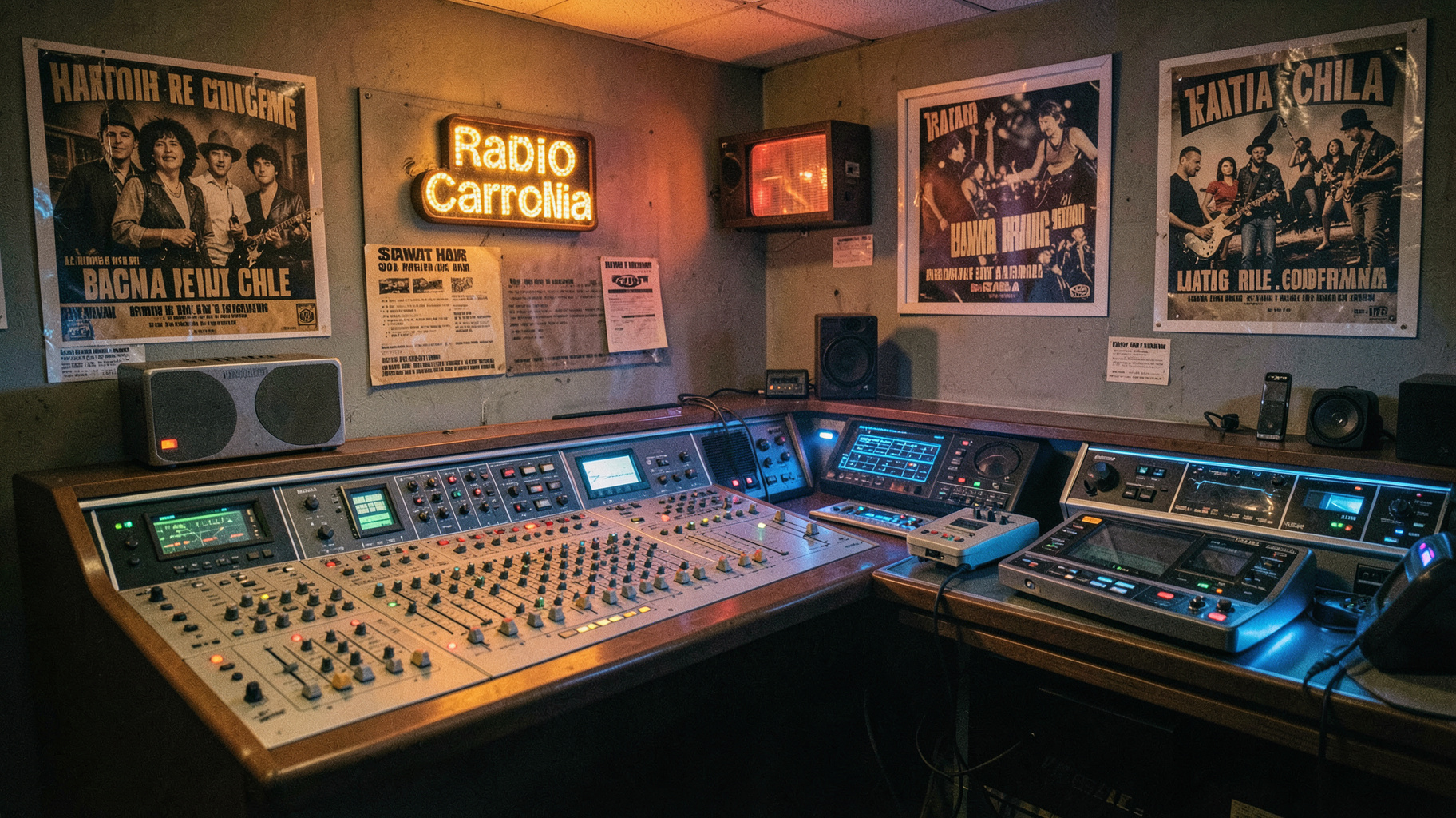 A retro 1980s Santiago radio control room with a glowing sign reading Radio Carolina