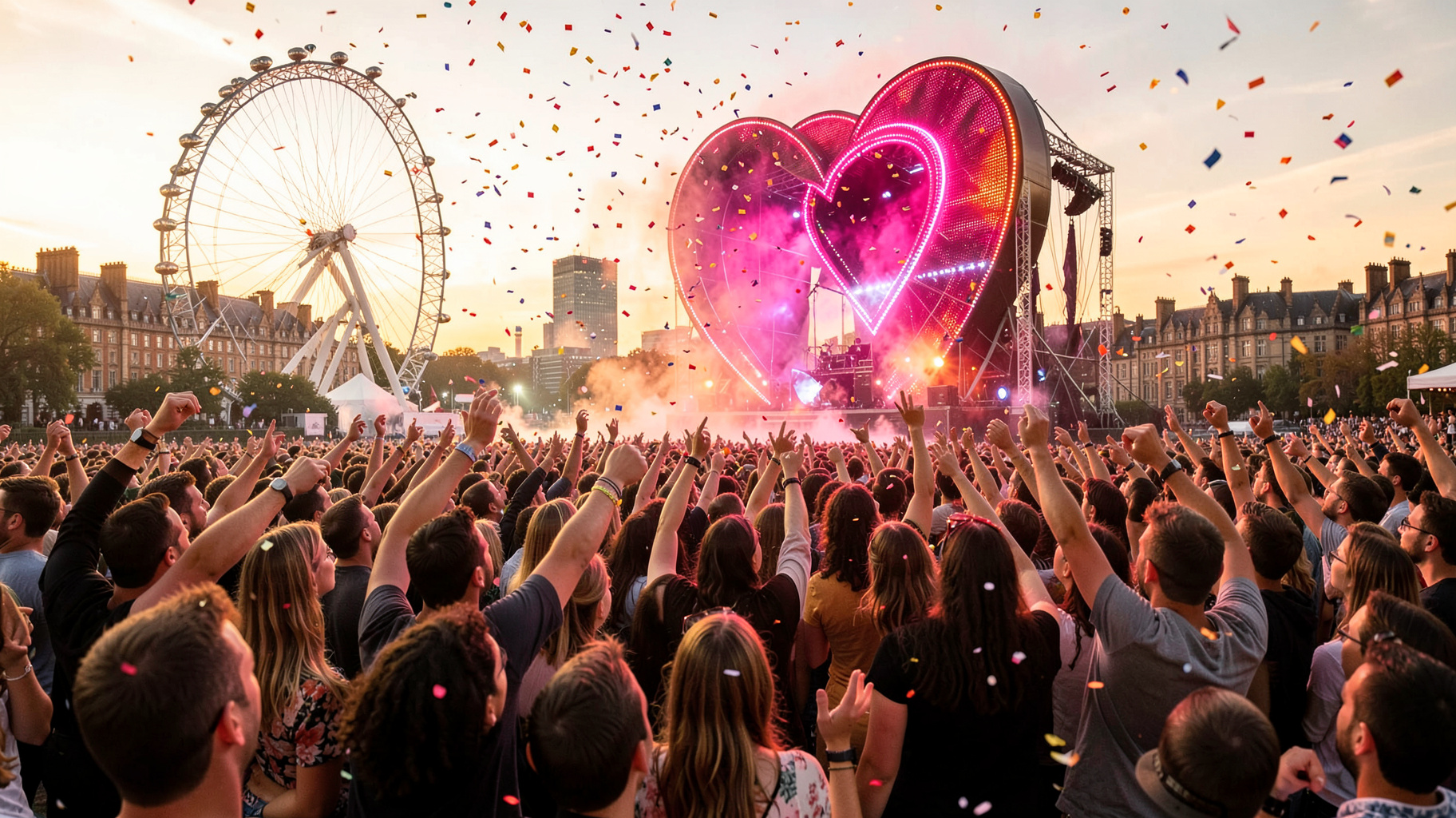 A joyful outdoor concert crowd in London beneath a glowing heart-shaped sign