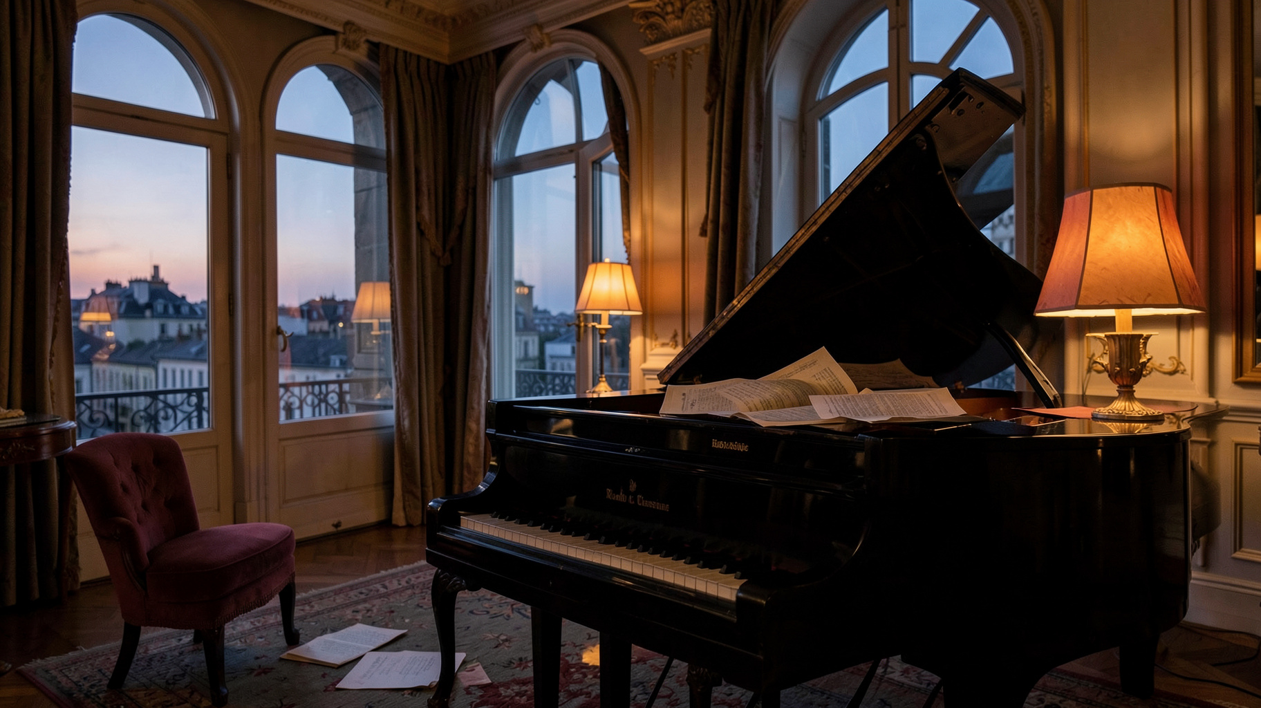 An elegant Parisian salon with a grand piano and sheet music, a brass plaque reading Radio Classique