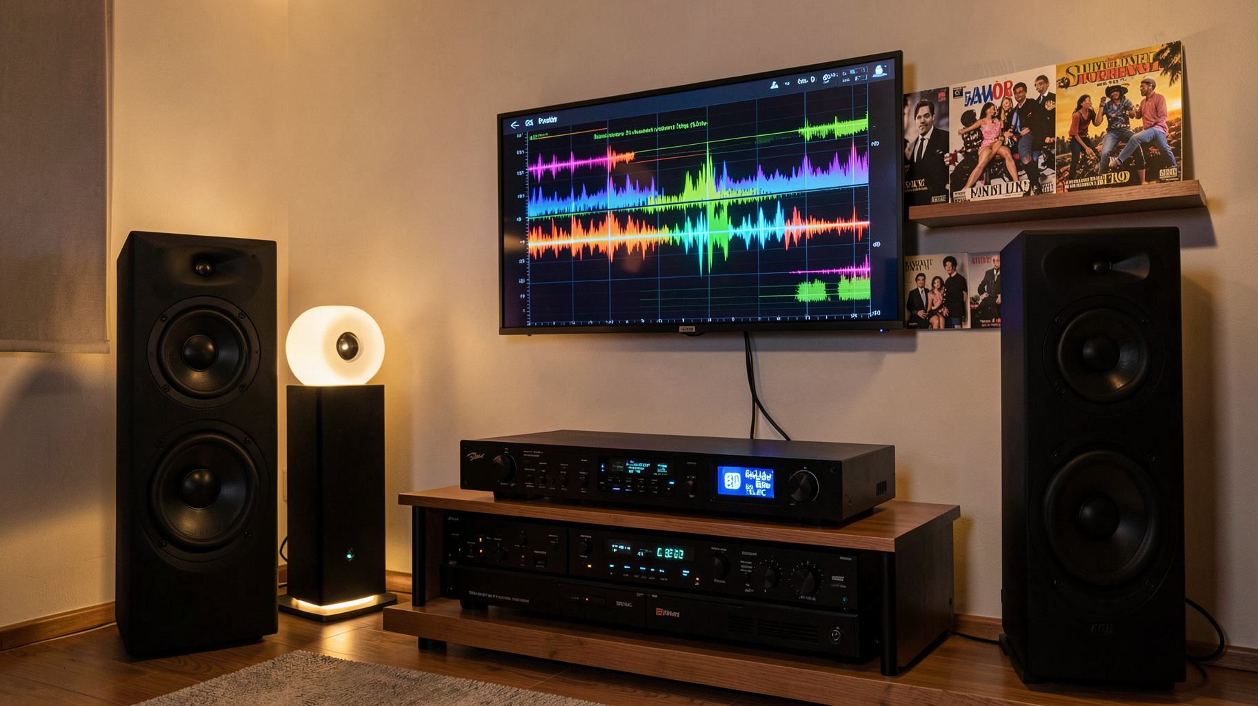 A high-end audiophile listening room with tower speakers and a display reading Radio Club 80 Euro FLAC