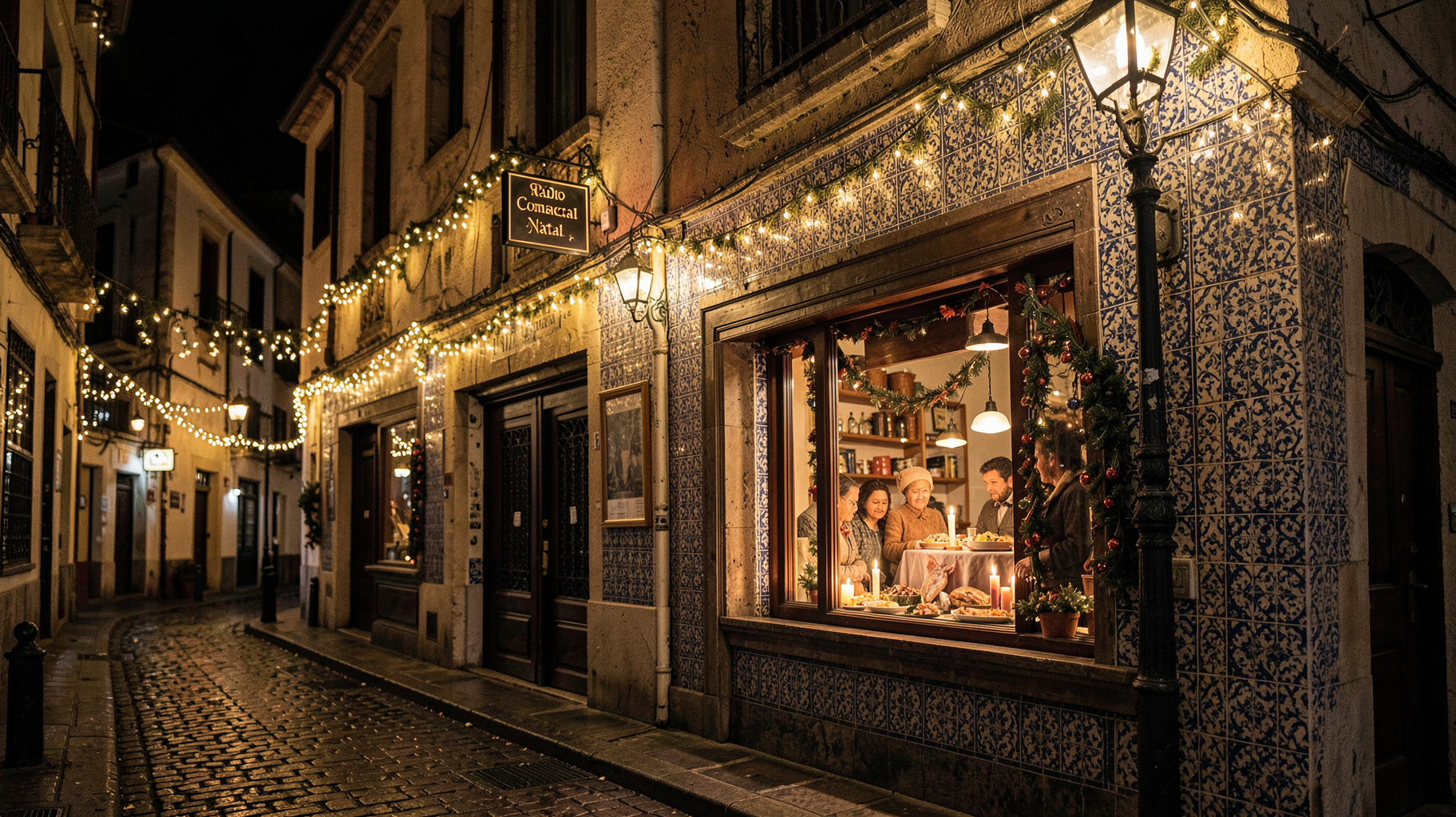 A festive Lisbon Christmas street scene with a sign reading Rádio Comercial Natal