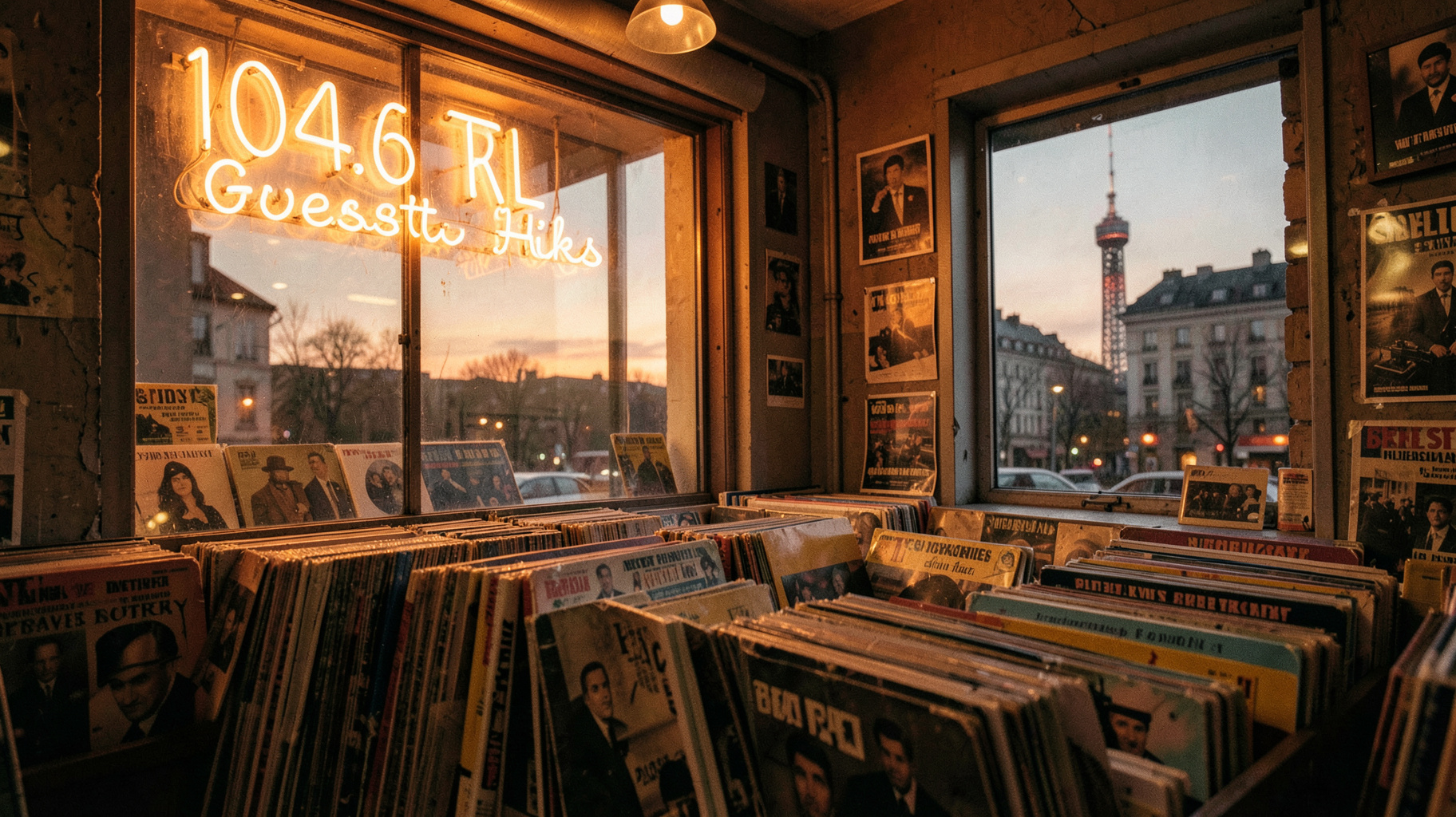 A vintage record shop with 60s and 70s vinyl and a neon 104.6 RTL Greatest Hits sign, Berlin TV tower in the background