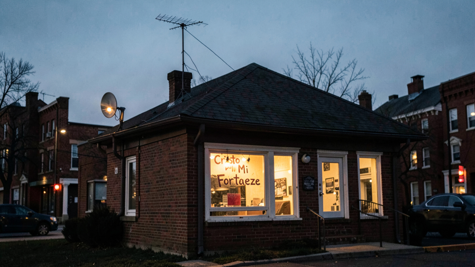 Small storefront church in Newark at dusk with a rooftop radio antenna