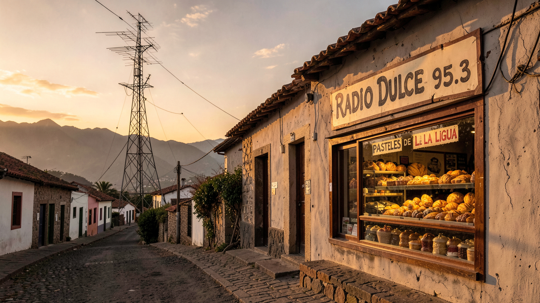 A golden-hour street scene in La Ligua with a pastry shop and a sign reading Radio Dulce 95.3