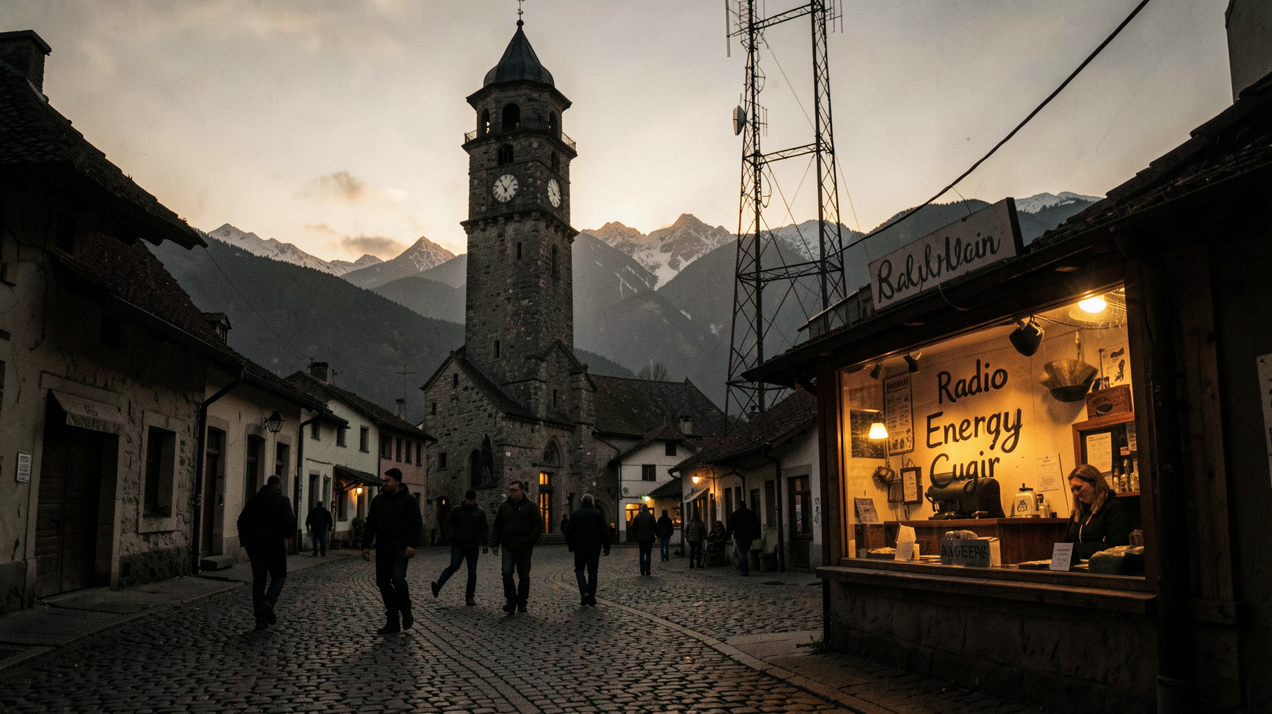 A small Transylvanian town square in Cugir at golden hour with a radio tower and a lit booth window reading Radio Energy Cugir