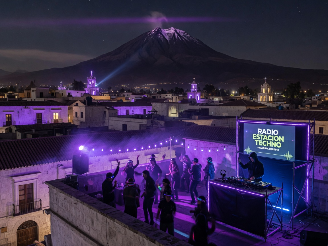 A nighttime rooftop rave in Arequipa with white colonial buildings and the El Misti volcano in the background