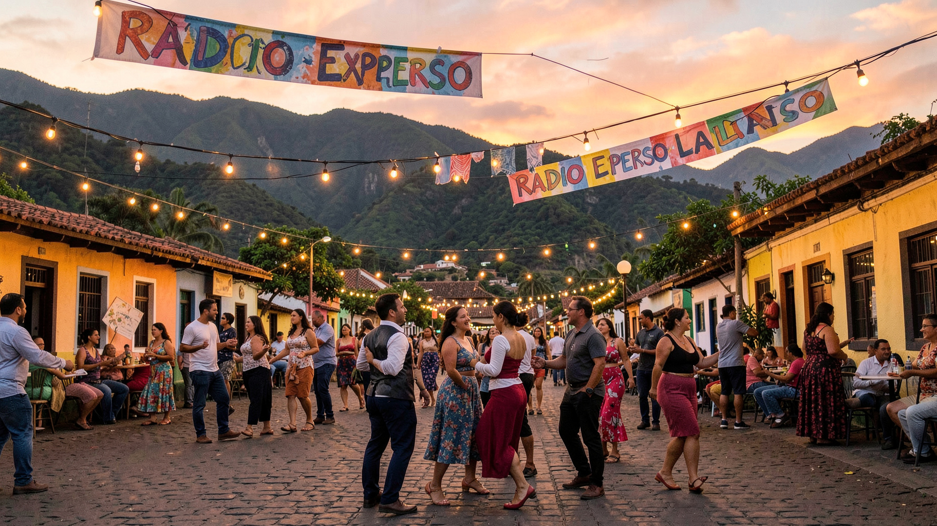 A vibrant Colombian plaza at sunset with dancers and a banner reading Radio Expreso Latino