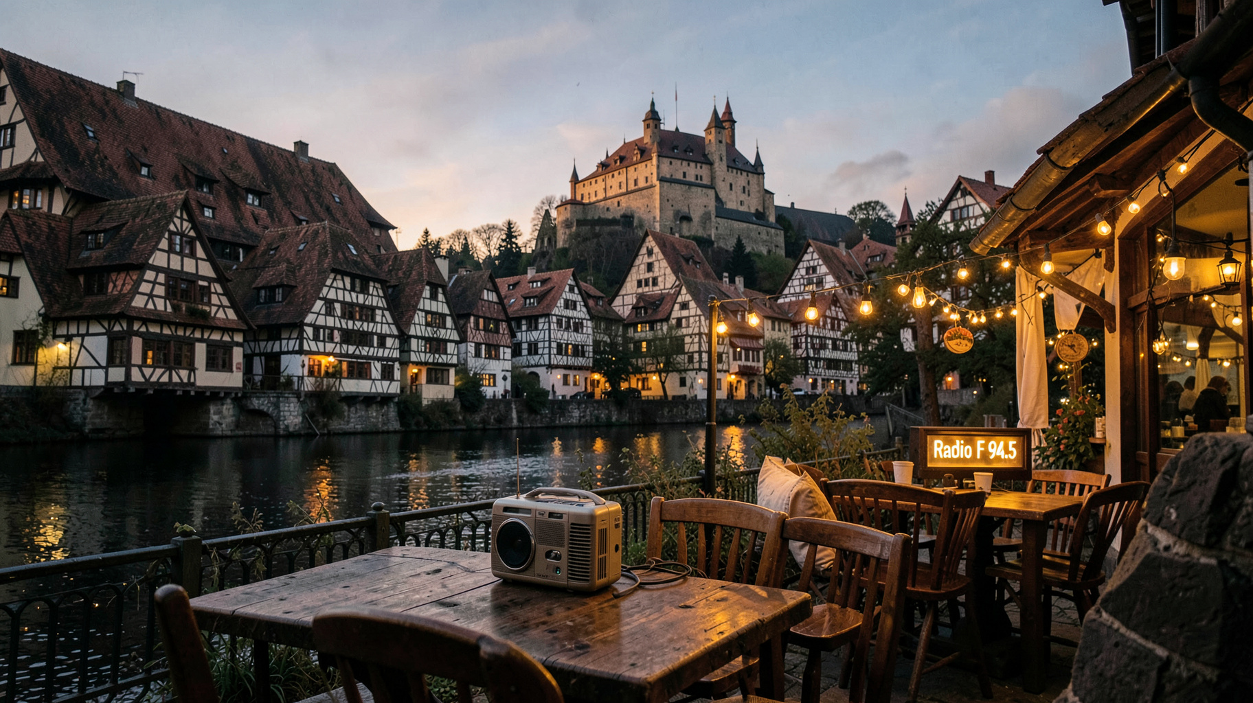 Nuremberg old town at dusk with a beer garden radio and a sign reading Radio F 94.5