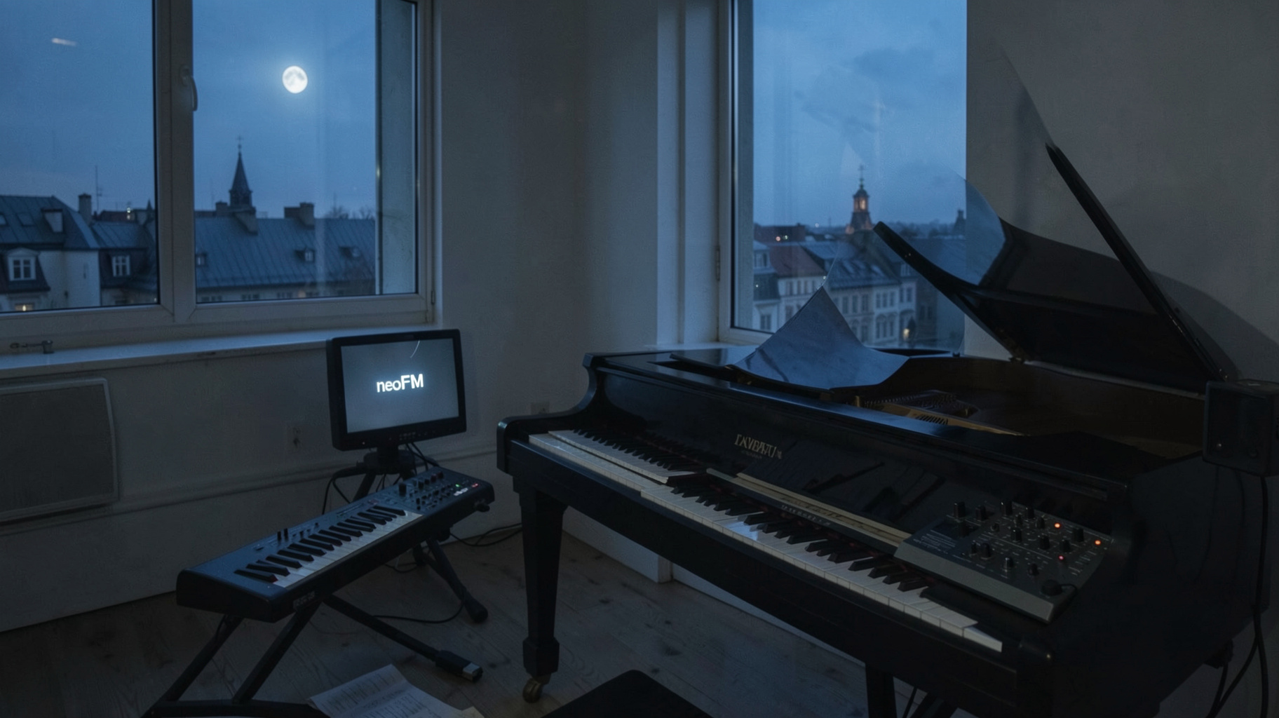 A minimalist Berlin apartment studio at night with a grand piano beside a modular synthesizer