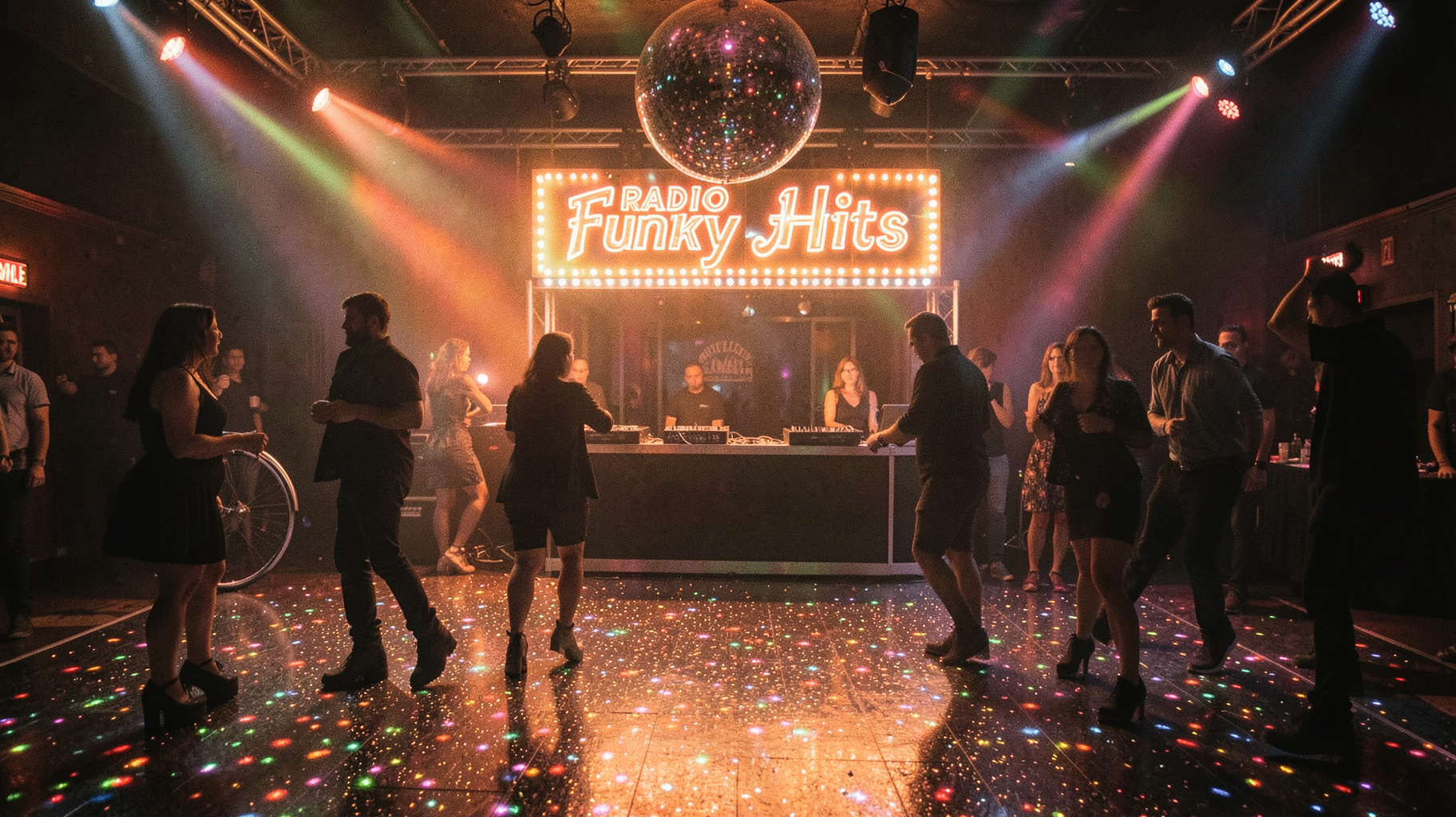 A glittering 1978 Lima discotheque dance floor with a mirror ball and a retro Radio Funky Hits marquee sign
