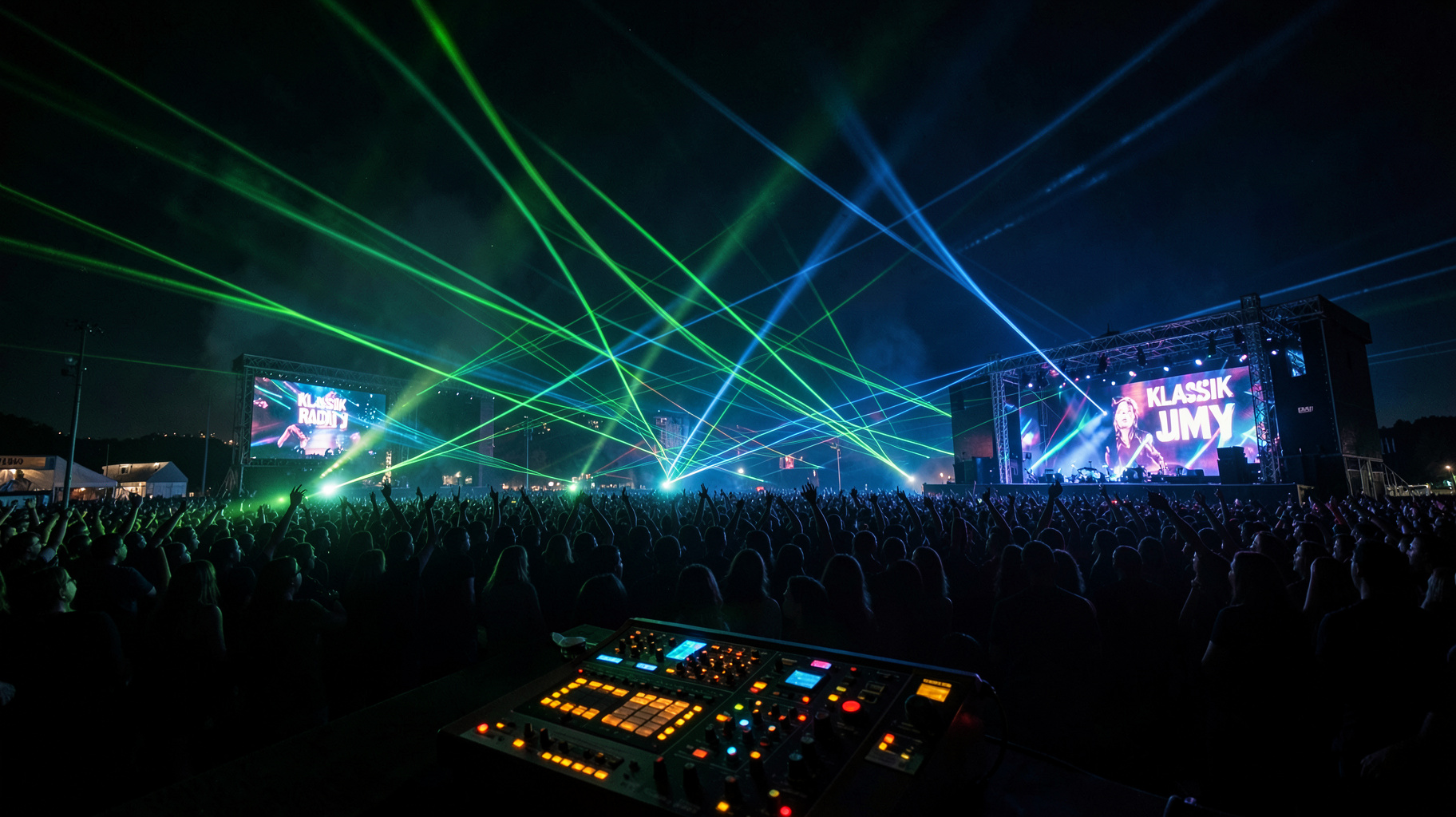 A massive outdoor electronic music spectacle at night with sweeping laser beams and a screen reading Klassik Radio JMJ