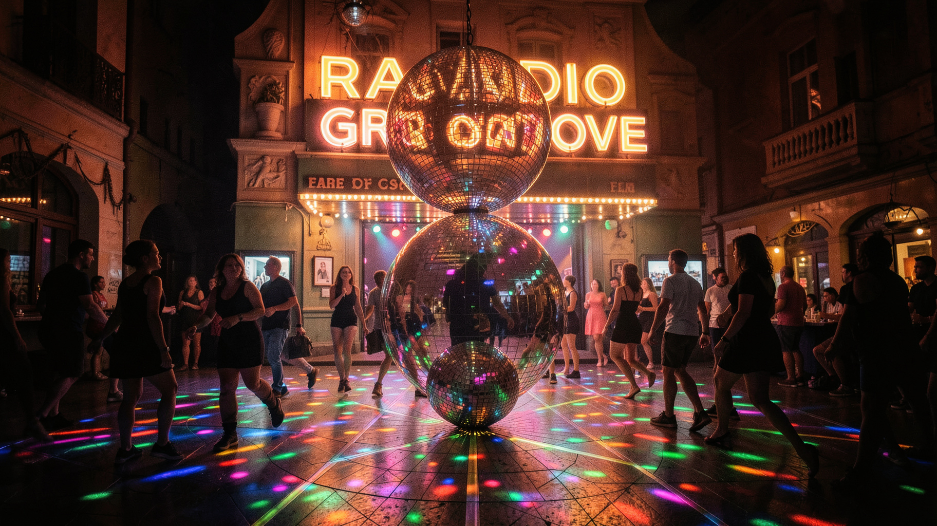 A retro disco dance floor in Budapest at night with a mirrorball and a glowing Radio Groove marquee sign