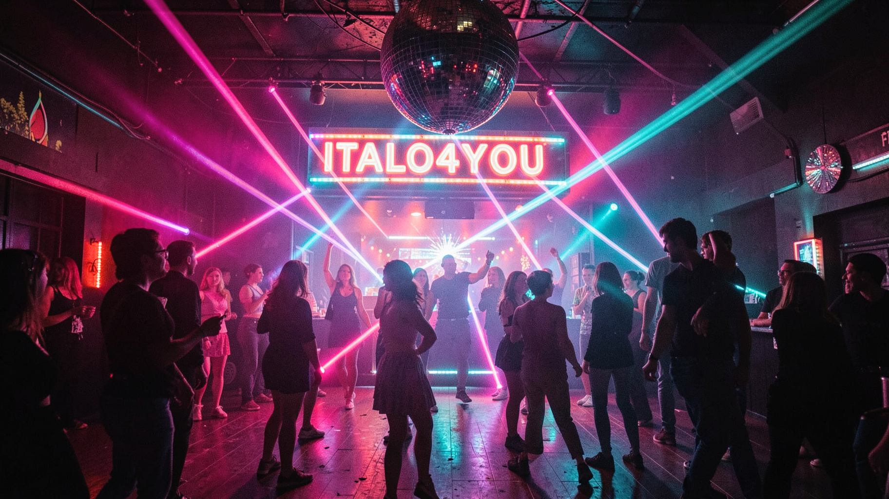 A neon-lit 1980s Italo disco dance floor with a mirror ball and a sign reading Italo4you