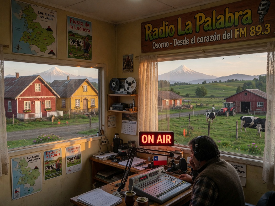 A radio studio in Osorno, Chile with pastureland and volcanoes visible outside