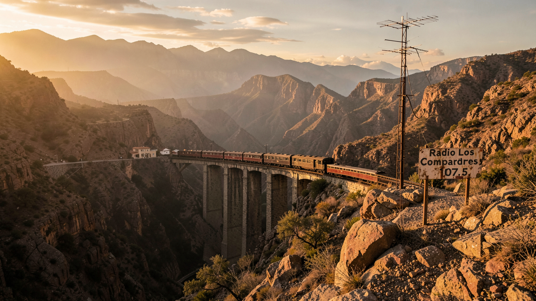 Copper Canyon mountains at golden hour with a train crossing a stone viaduct near Témoris, Chihuahua, and a community radio antenna on a rocky overlook