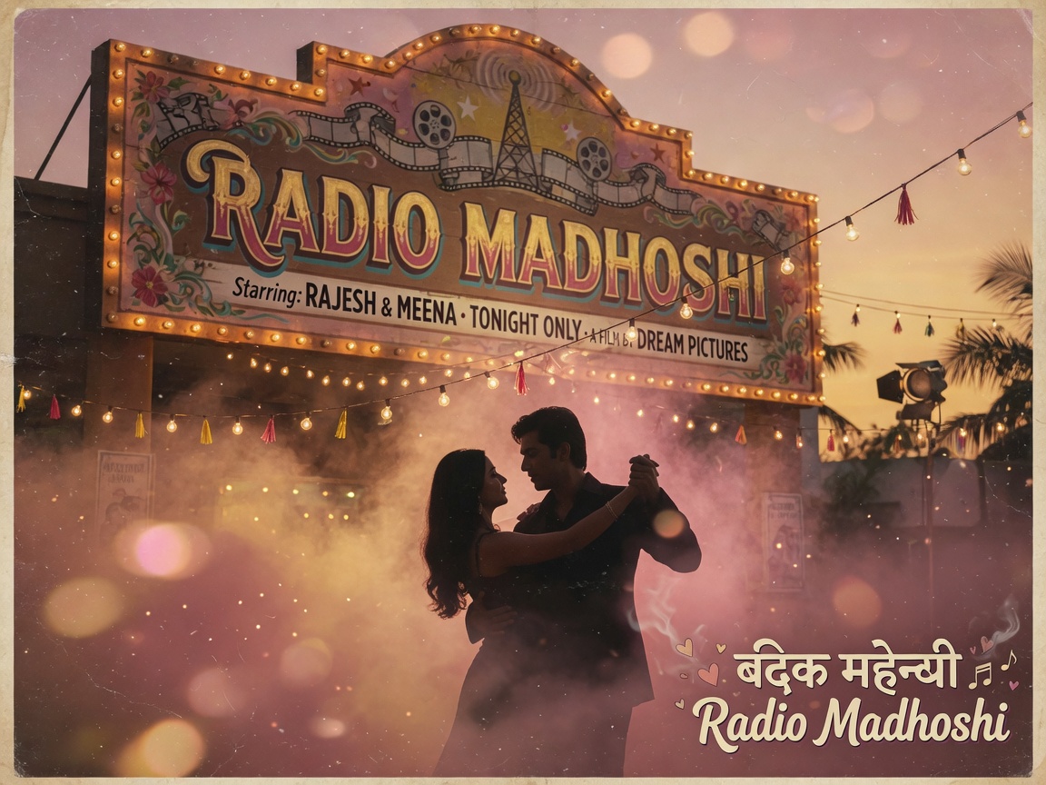 A dreamy vintage Bollywood scene evoking Radio Madhoshi