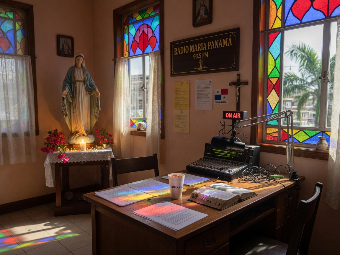 A warm chapel radio studio with stained glass light in Panama