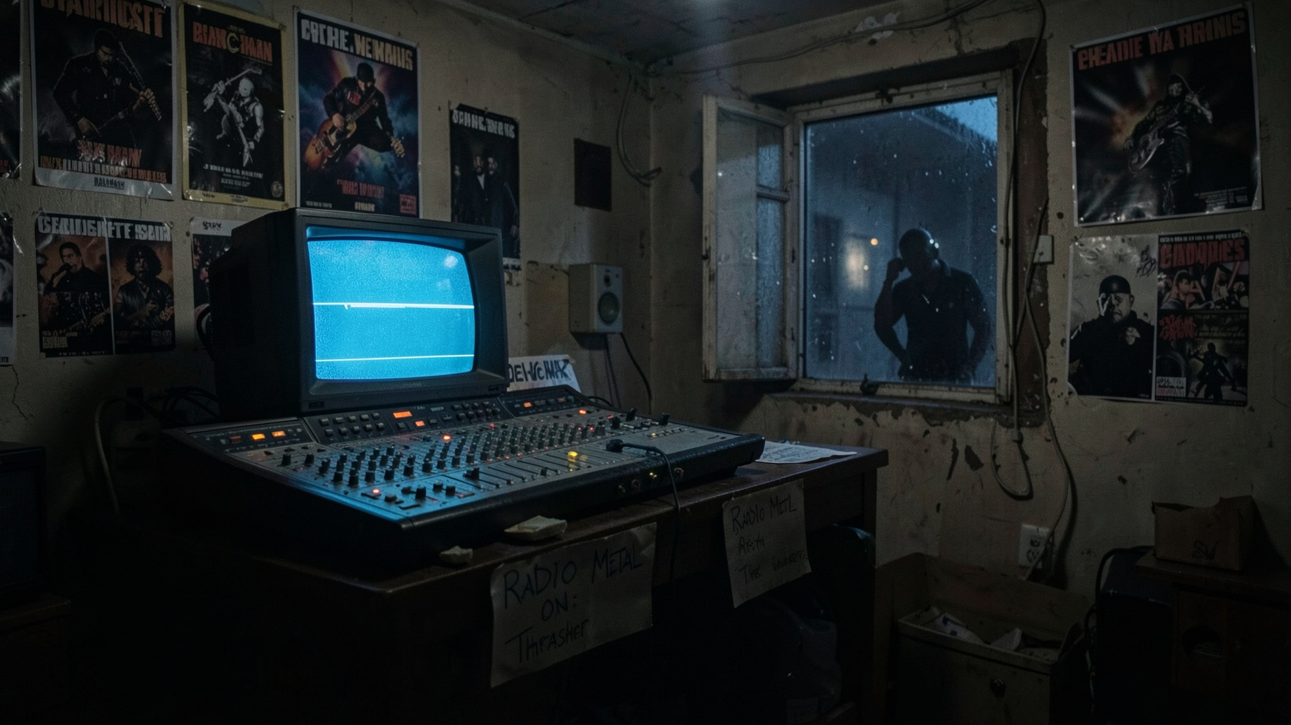 A DIY home broadcast setup at night with thrash metal posters and a sign reading Radio Metal On The Thrasher