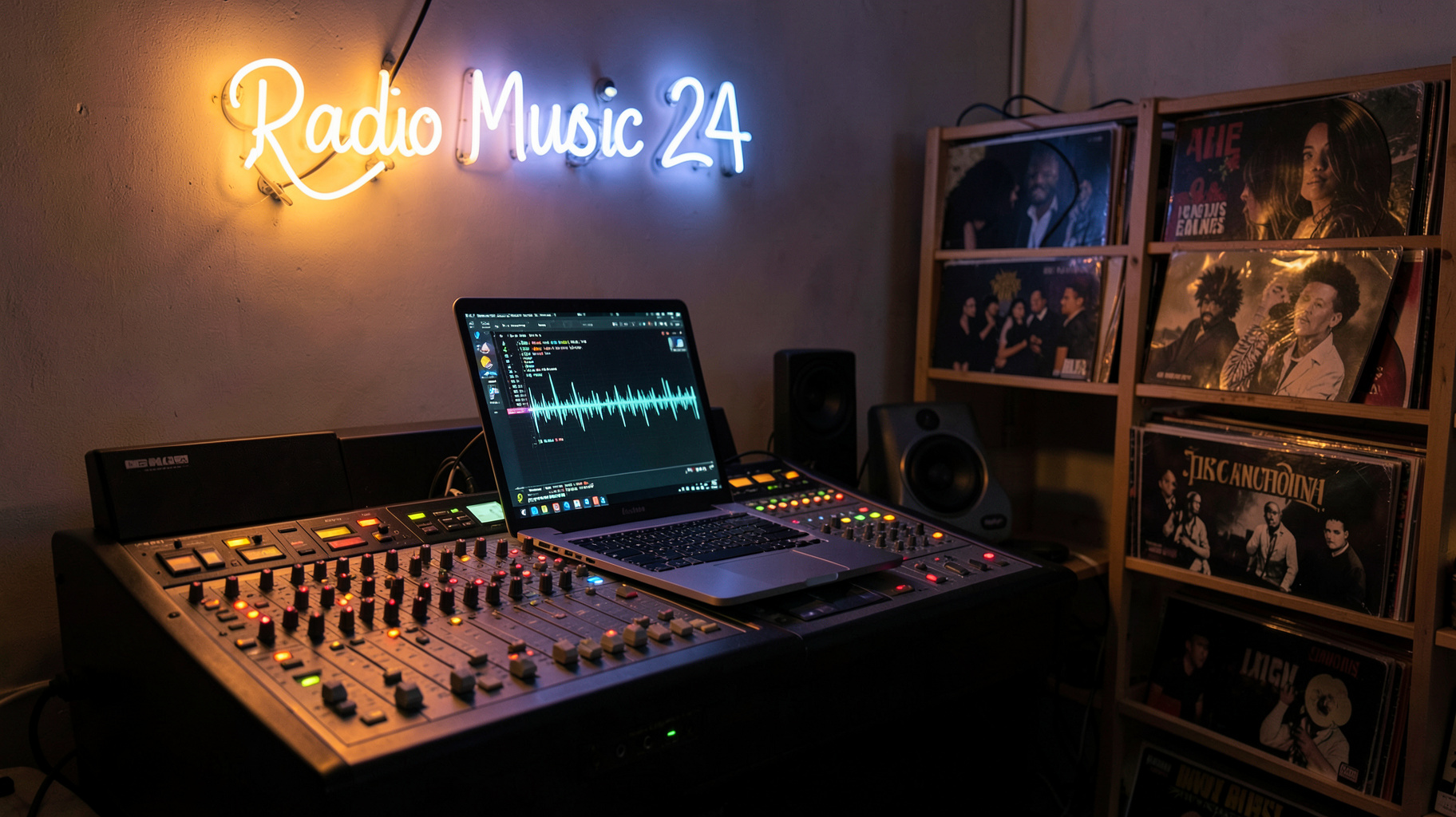 A small independent internet radio studio at night in Milan with a neon sign reading Radio Music 24