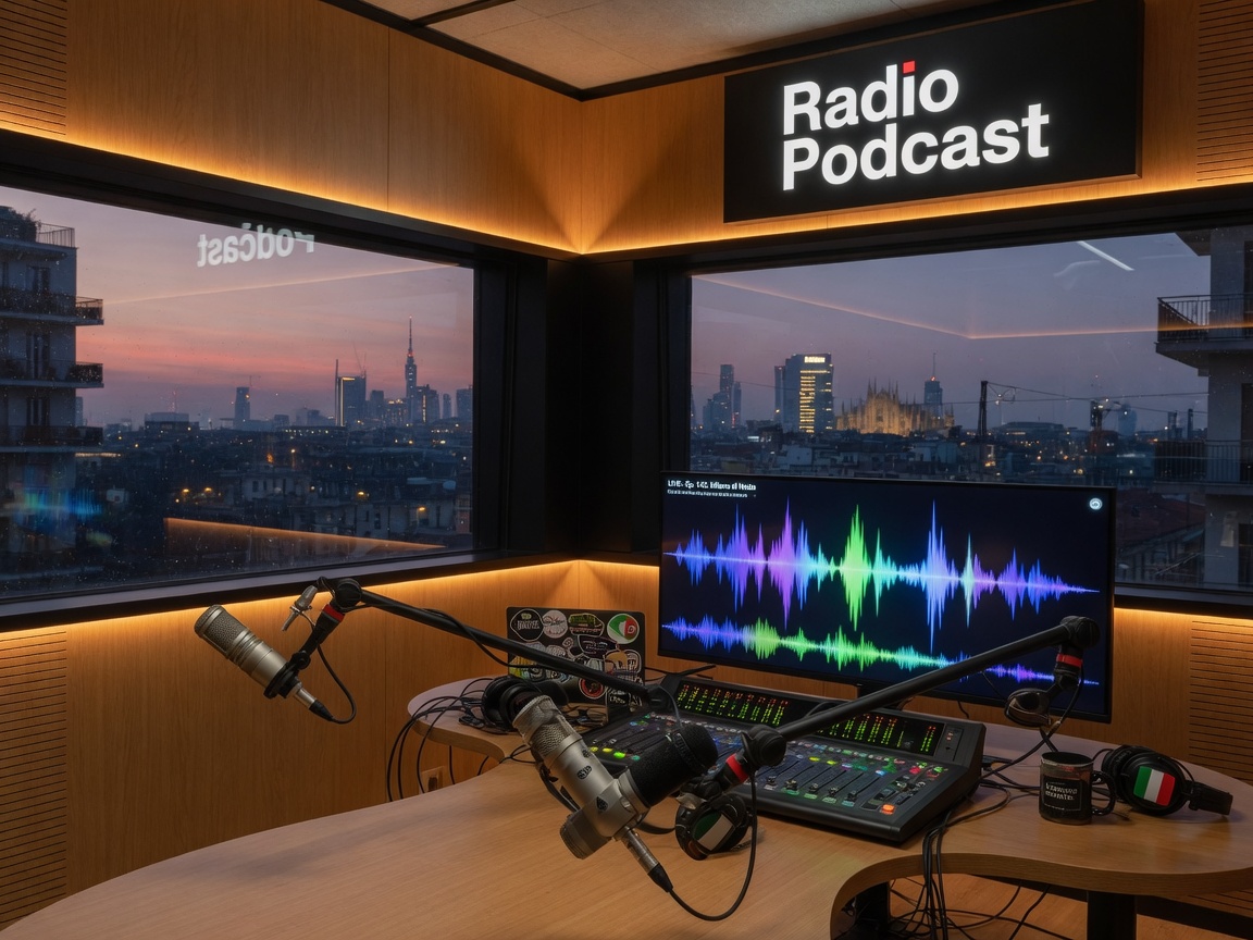 Modern podcast recording studio inspired by Radio Podcast, Italy