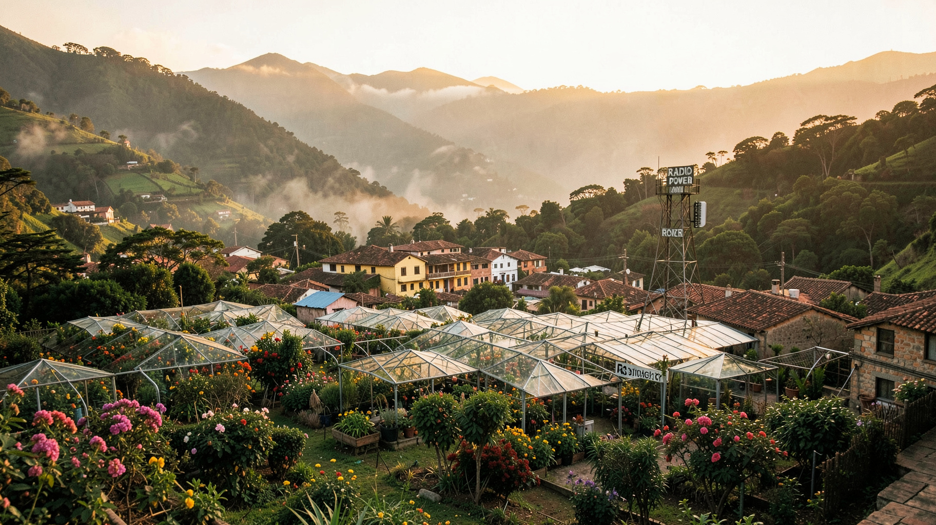 A scenic Andean garden town in Colombia with flower greenhouses and a small radio tower reading Radio Power