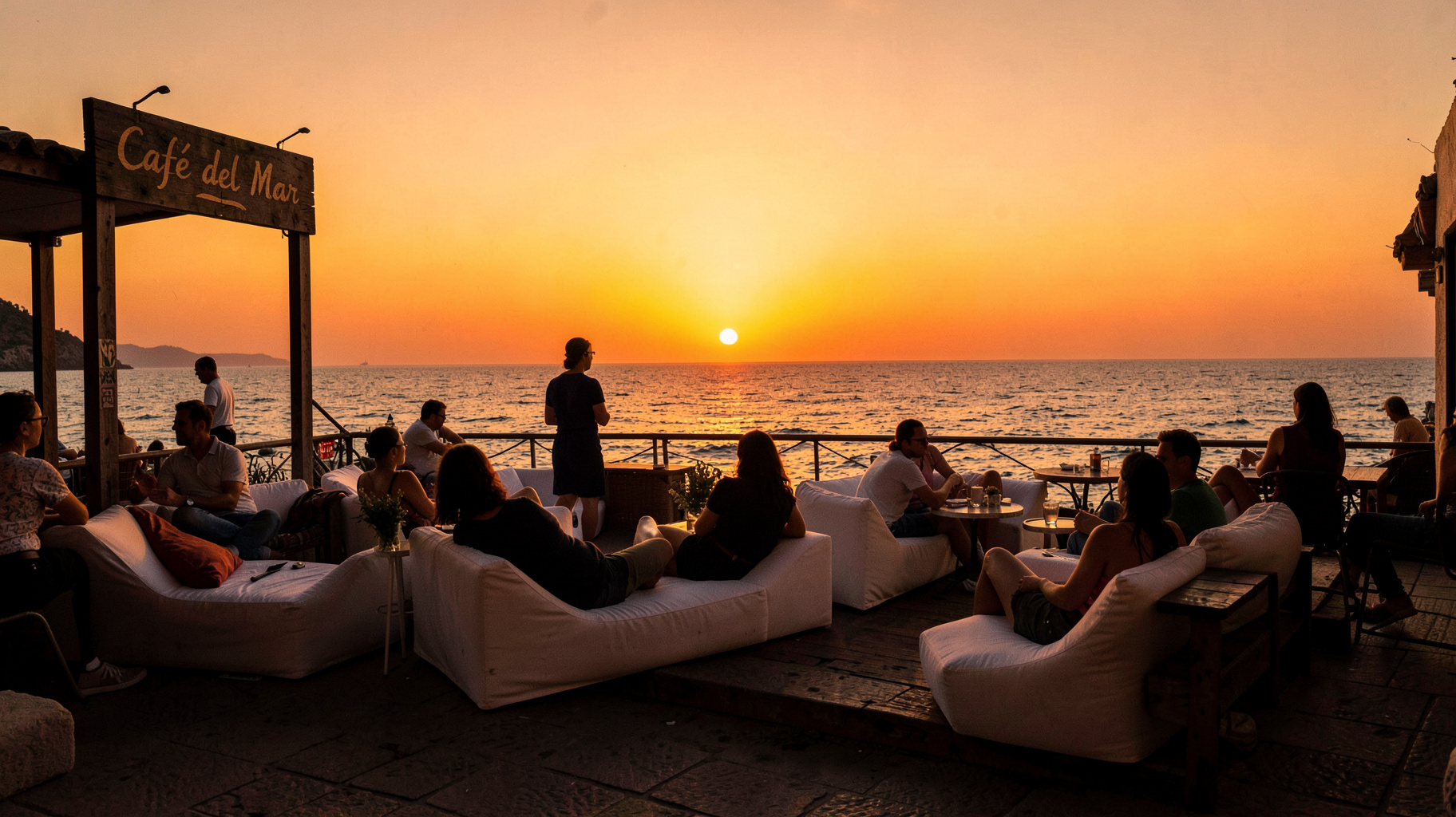 The iconic Café del Mar terrace in Ibiza at golden sunset with silhouettes relaxing on white seating