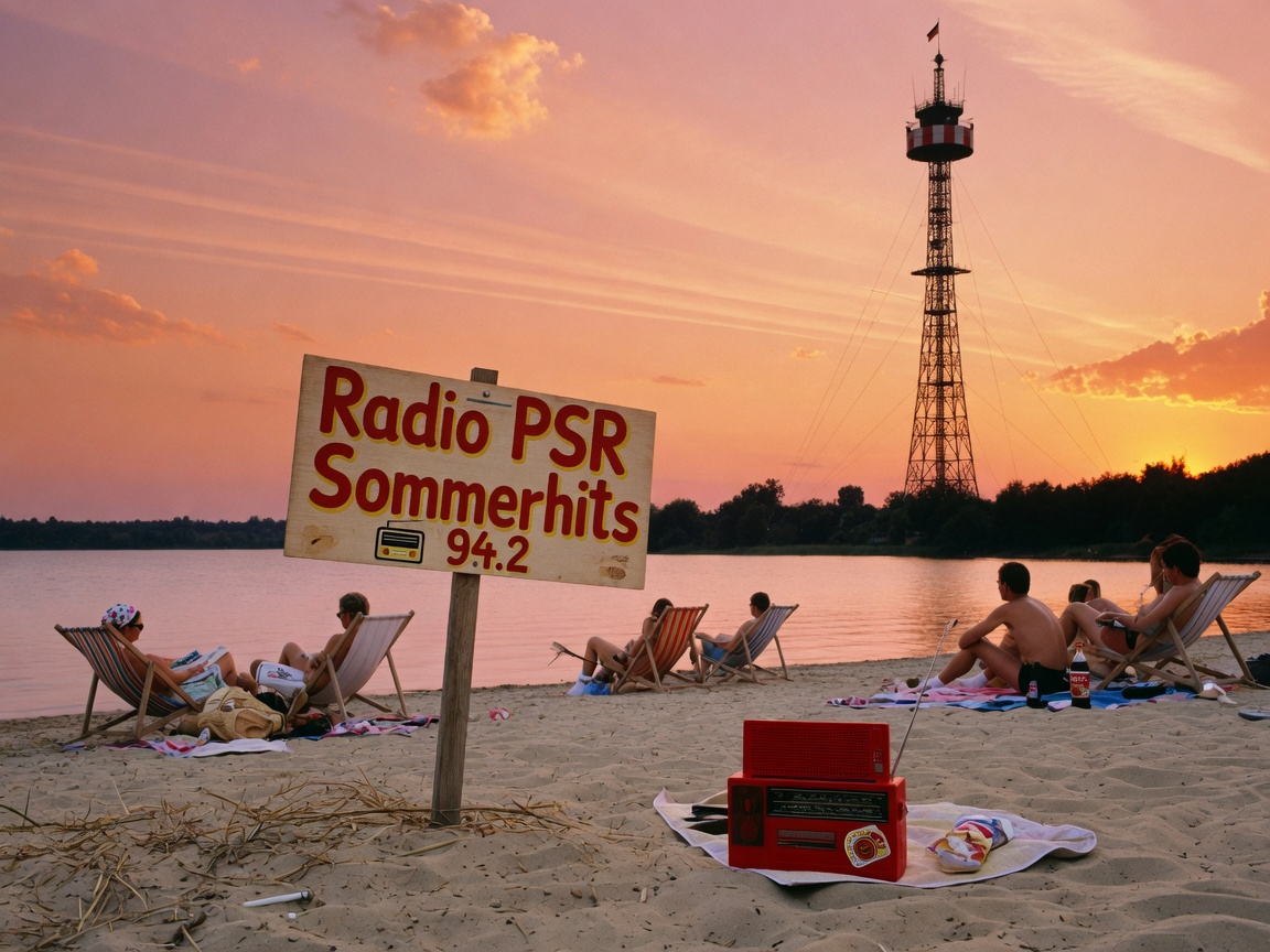 A golden summer sunset at a lakeside beach near Leipzig with a vintage radio tower and a Radio PSR Sommerhits sign
