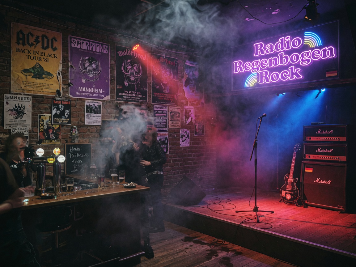 Rock club scene inspired by Radio Regenbogen Rock in Mannheim