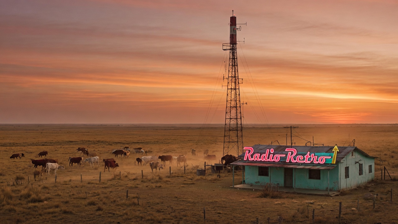 The Venezuelan Llanos plains at sunset with an old radio tower and a neon sign reading Radio Retro