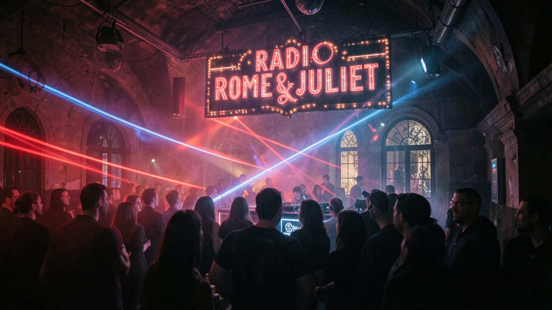 Underground Italian techno club with a theater-style marquee sign reading Radio Romeo and Juliet