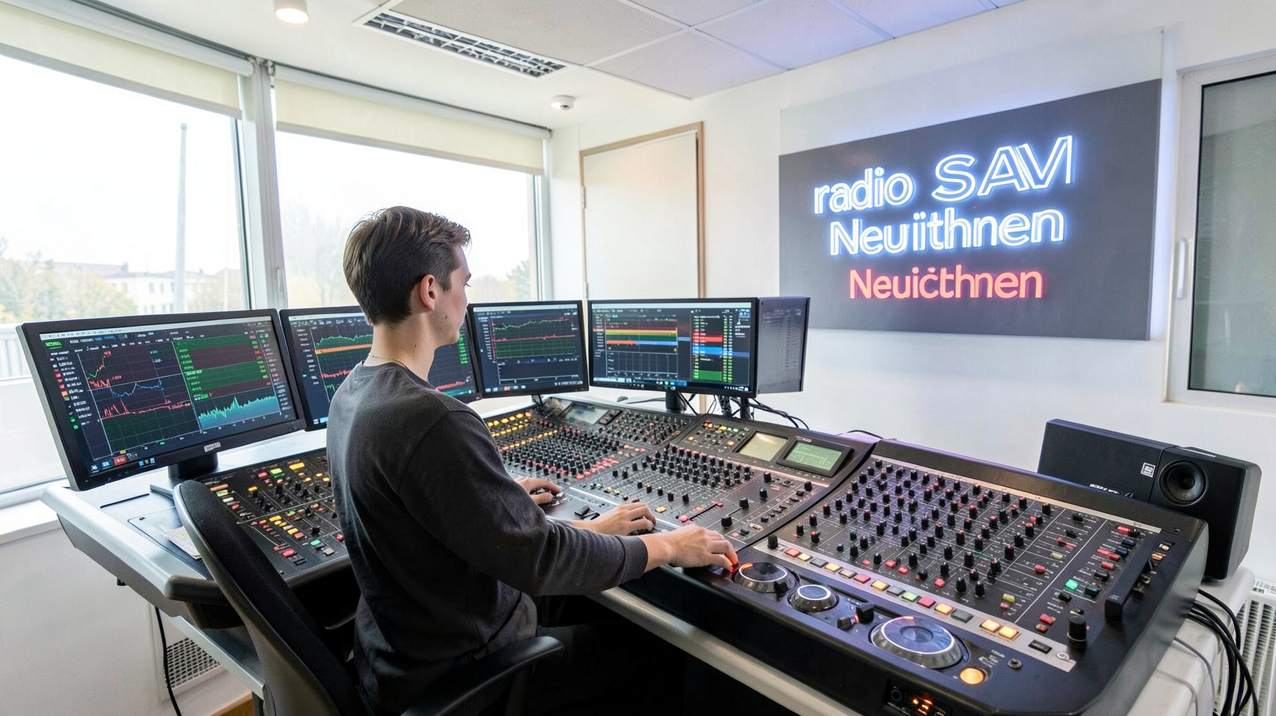 Modern German radio studio control room representing radio SAW-Neuheiten