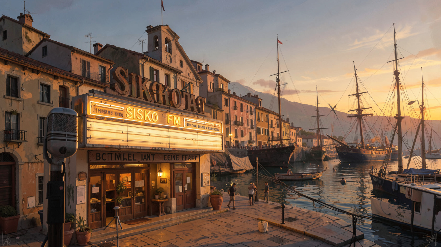 A vintage cinema marquee glowing at dusk in the coastal French town of La Ciotat with a Sisko FM sign