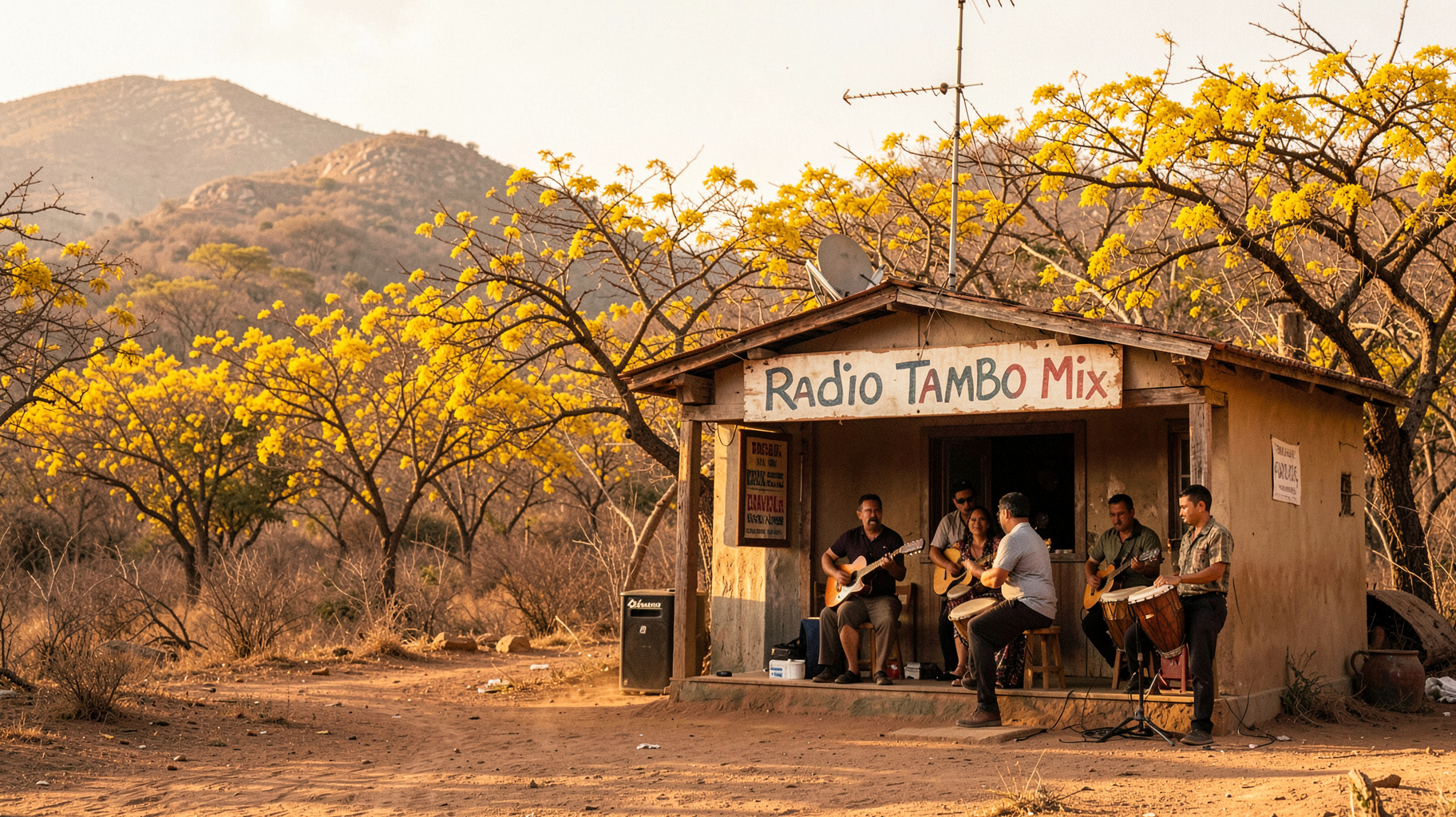 Border town scene near Zapotillo, Ecuador with radio station