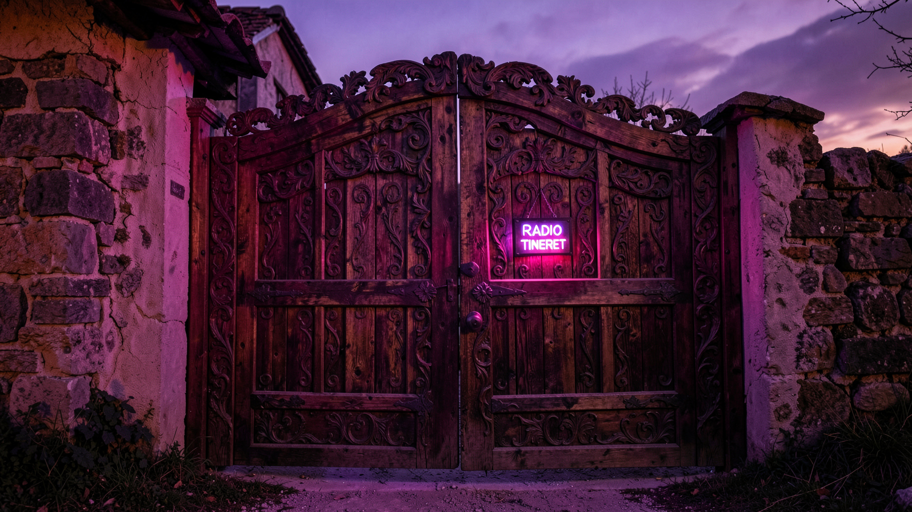 A traditional wooden Maramureș gate glowing with neon dance club lighting and a sign reading Radio Tineret