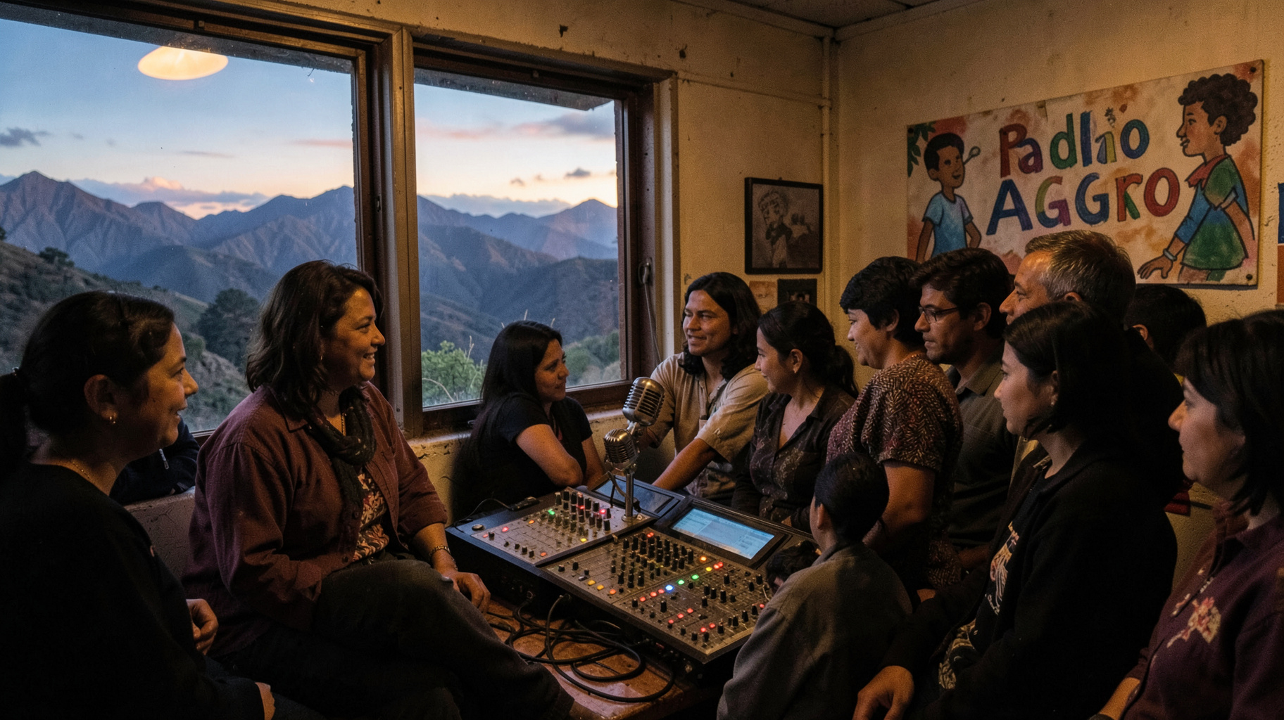 A university radio booth in Chilpancingo with a vintage microphone, mountains outside the window and a mural reading Radio UAGro