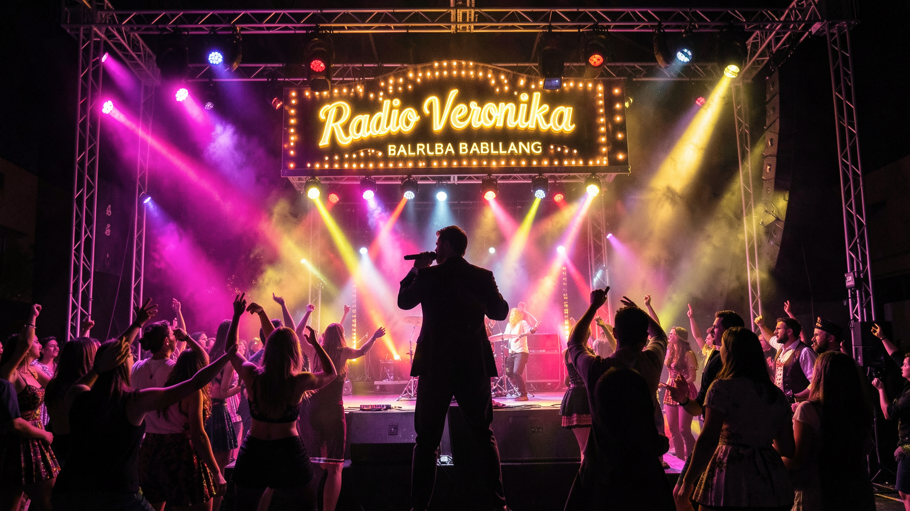 A vibrant Sofia pop-folk stage with a sign reading Radio Veronika
