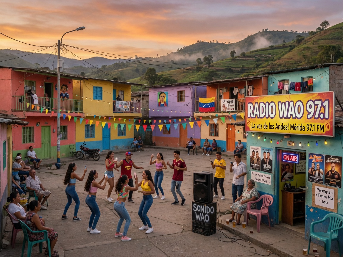 A lively small-town plaza in the Venezuelan Andes foothills at golden hour with a radio station storefront glowing with a sign reading Radio WAO 97.1