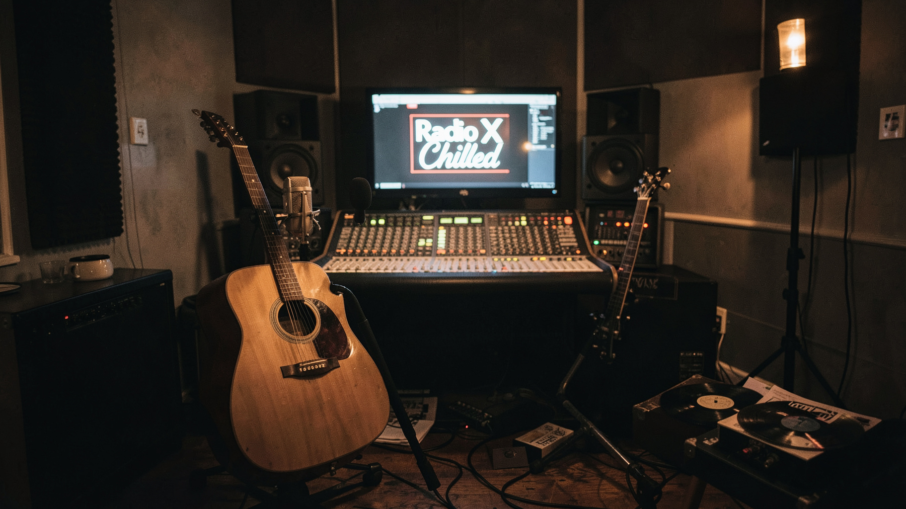 A cozy acoustic recording session in a dimly lit London studio with a screen reading Radio X Chilled