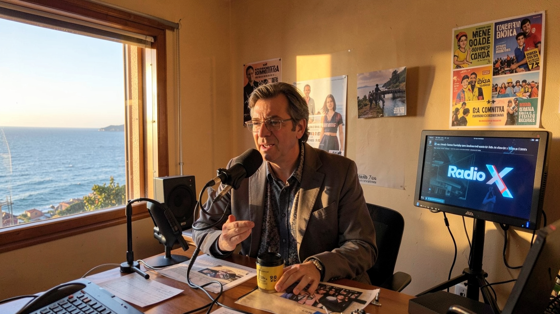 A community radio studio in Cagliari with a sea view and a Radio X studio monitor