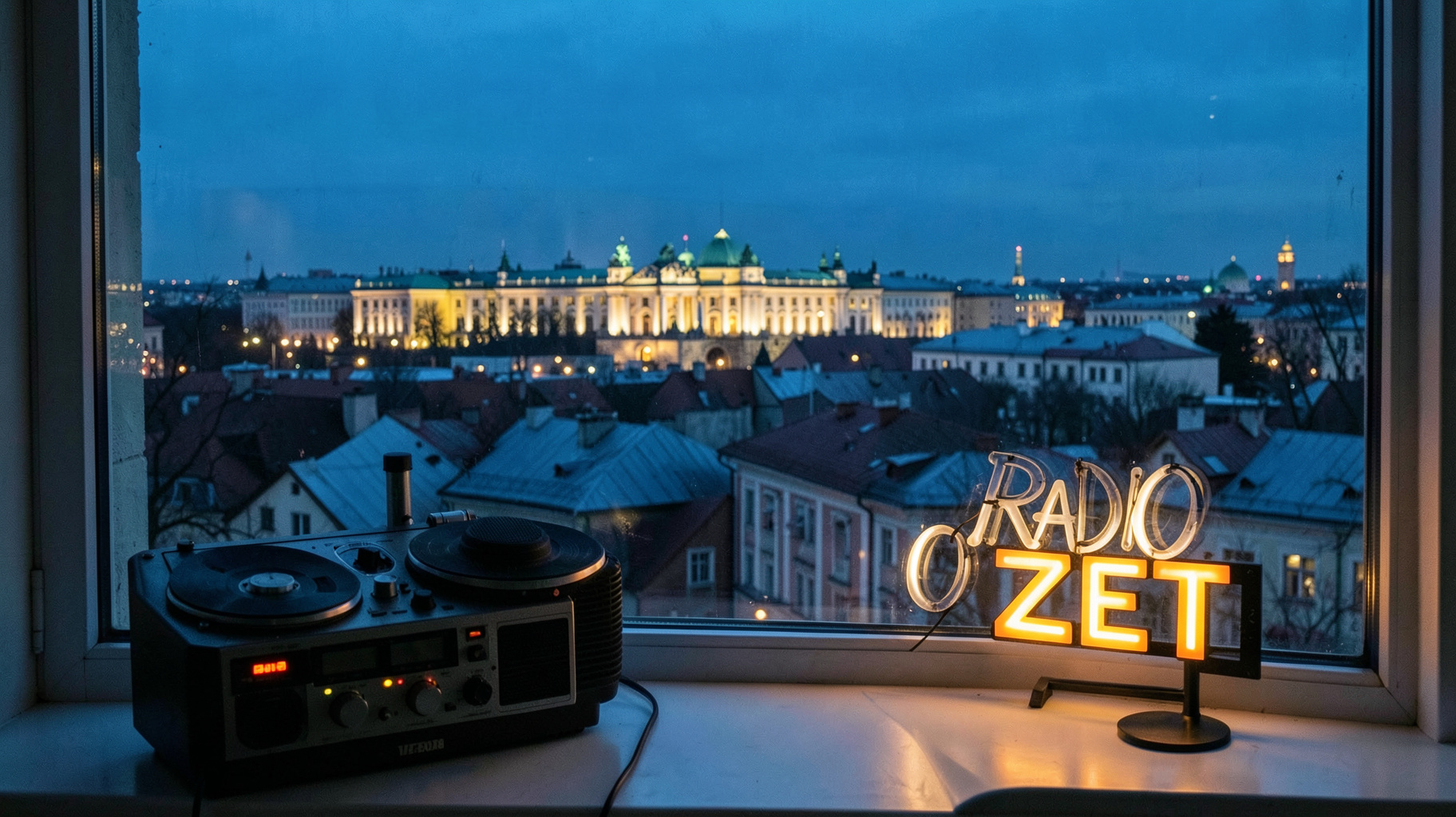 Warsaw at blue hour with the Palace of Culture and Science, a vintage microphone and a sign reading Radio ZET