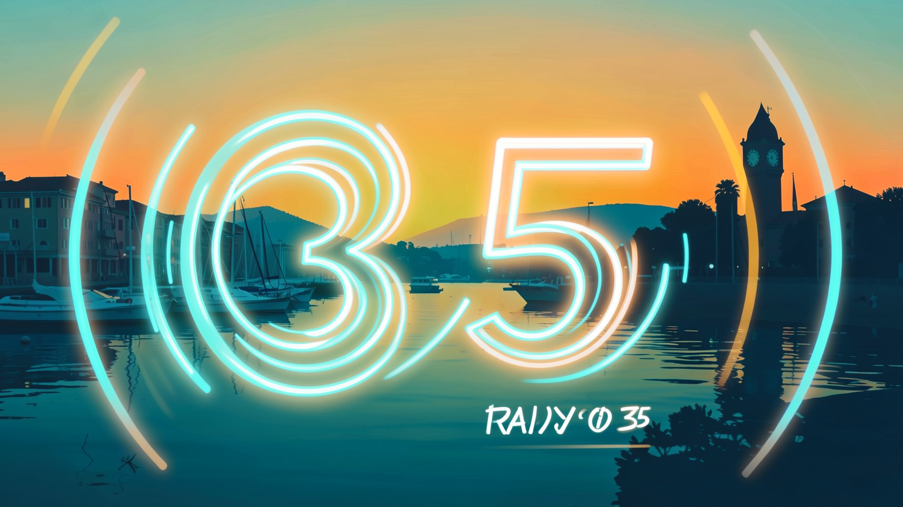 Abstract sound waves forming the number 35 over the Izmir Kordon waterfront at sunset with a Radyo 35 sign