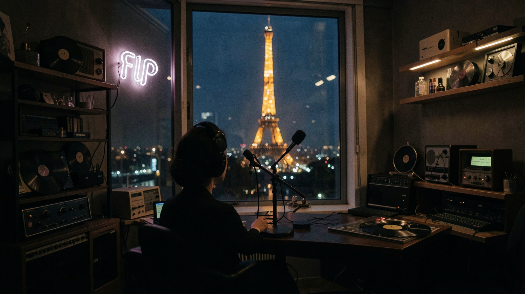 A Paris radio studio at night with a female host silhouetted behind a microphone and a glowing FIP sign