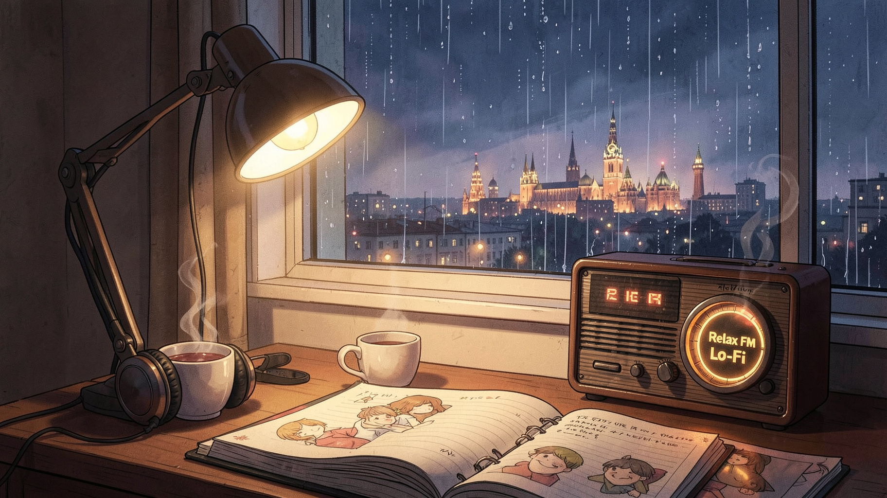 A cozy lo-fi bedroom study scene at night overlooking Moscow, with a vintage radio glowing Relax FM Lo-Fi