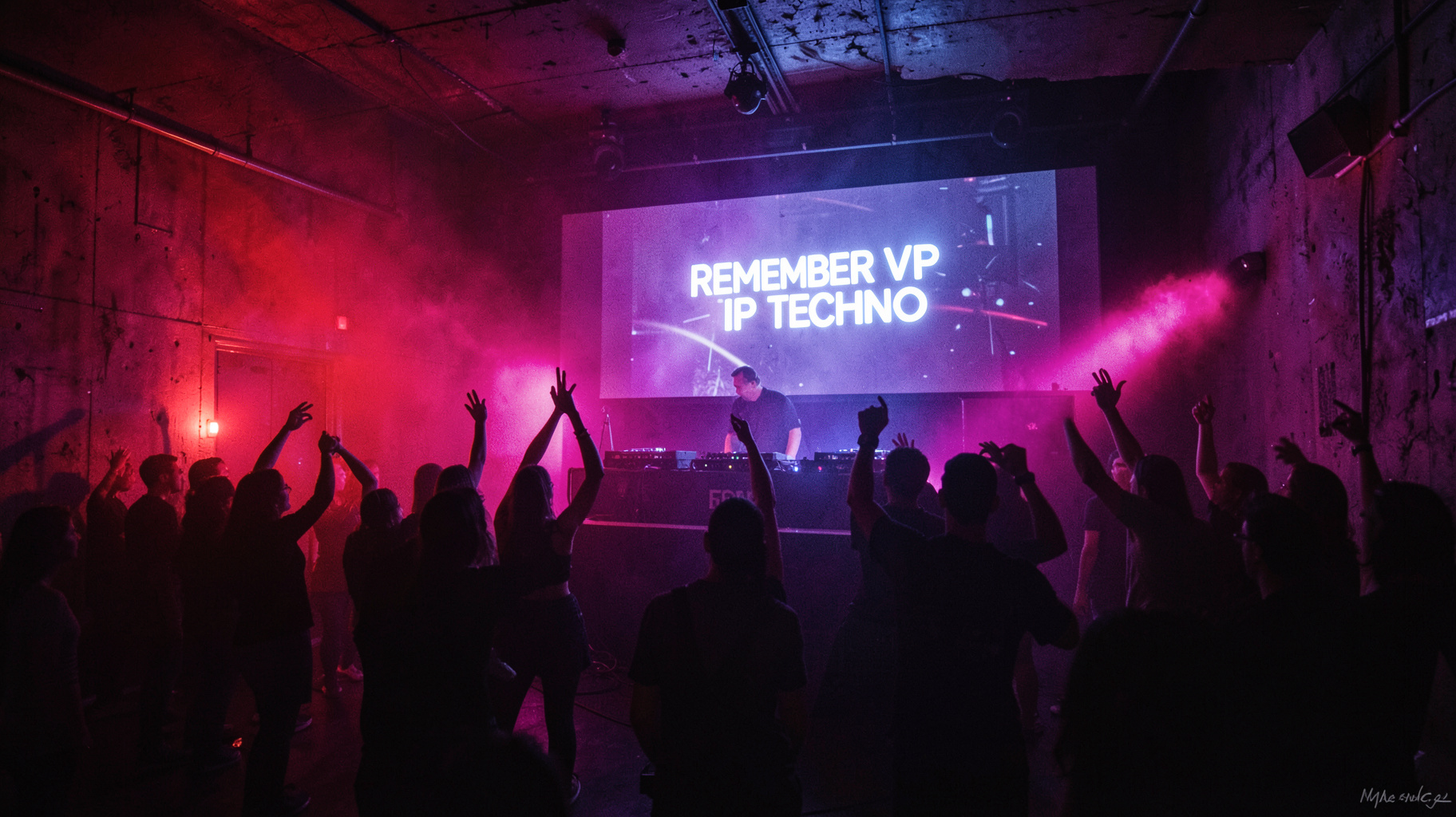 A dark underground techno club with strobe lighting and a DJ booth screen reading Remember Vip Techno