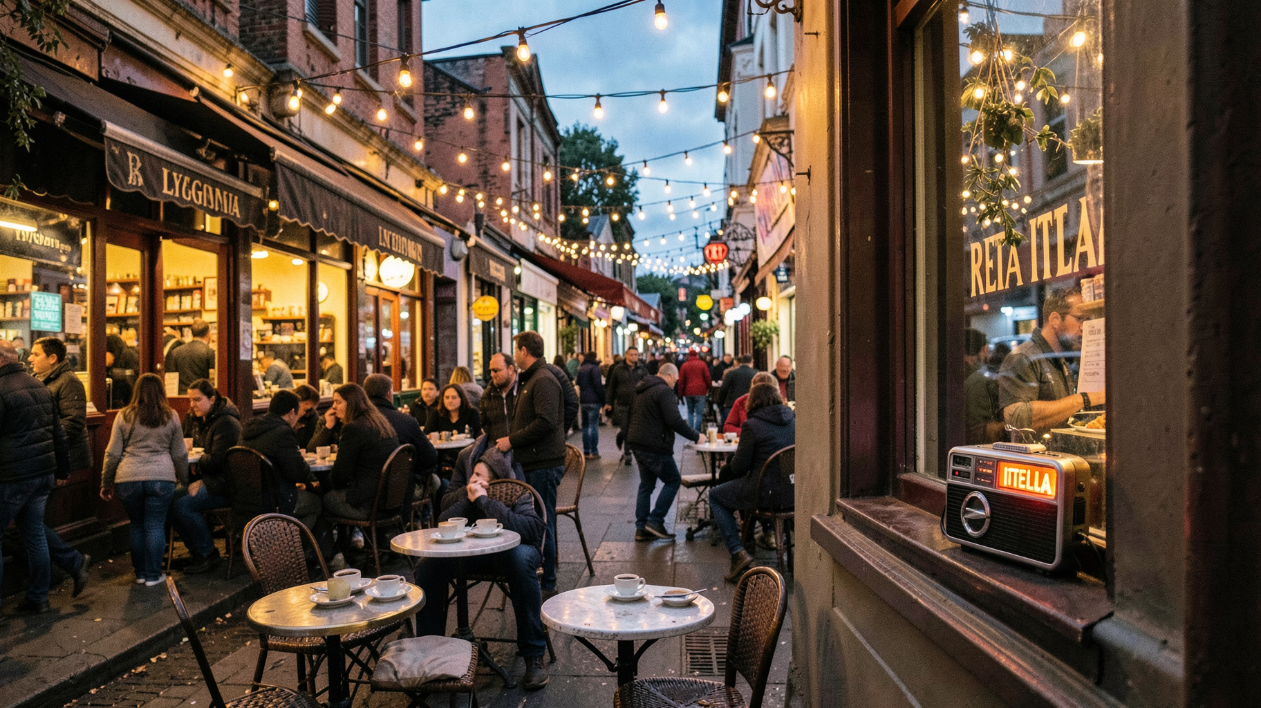 Warm evening scene on an Italian street in Melbourne with cafes and a glowing radio